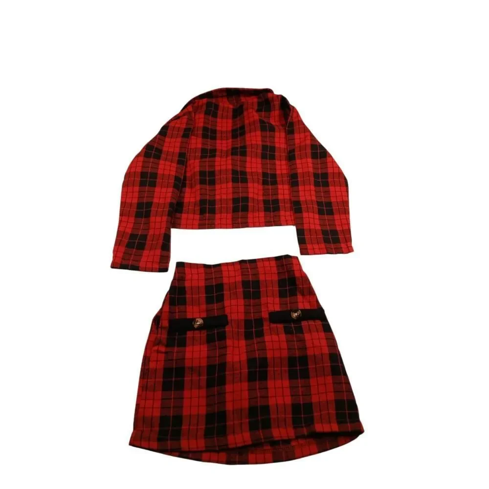 Shein Girls Red Plaid 2 pc. Set: Crop Jacket & Skirt Outfit - Size: 6Y